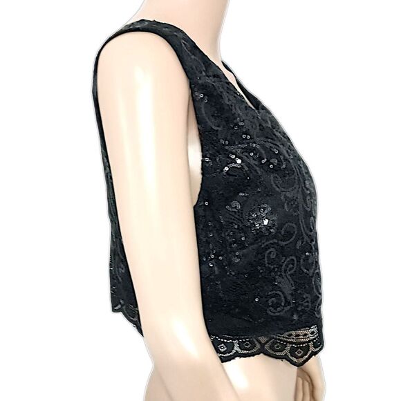Lace Sequin Cropped Top Sz 13 L Black Romantic Witchy Goth Whimsigoth Sexy Bling - Picture 2 of 16